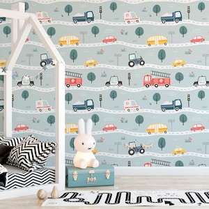 Neutral Vehicle Wallpaper With Light Grayish Blue Background,Removable Road And Transportation Wallpaper,Vehicle Kid And Nursery Wallpaper