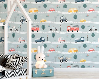 Neutral Vehicle Wallpaper With Light Grayish Blue Background,Removable Road And Transportation Wallpaper,Vehicle Kid And Nursery Wallpaper