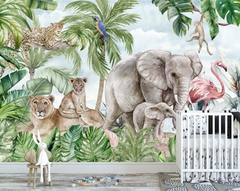 Watercolor tropical jungle adventure wall mural removable kids wallpaper lion elephant mom and babay,nursery wallpaper temporary or regular