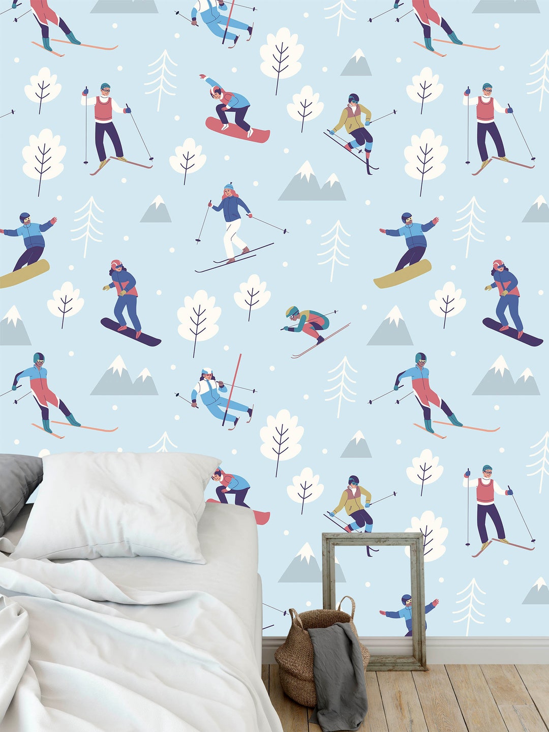 Snow Tree Skiers Wallpaper,winter Skiing Wallpaper Removable