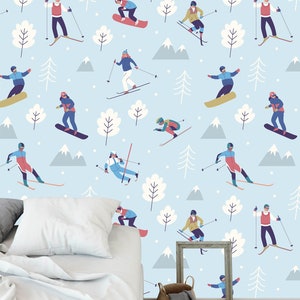 winter skiers wallpaper Peel and Stick wallpaper removable snowboarding wallpaper self adhesive blue background skiing sport bedroom mural
