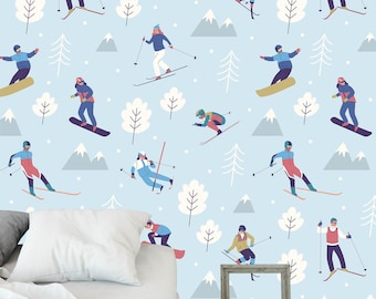 winter skiers wallpaper Peel and Stick wallpaper removable seasonal wallcovering self adhesive blue background skiing sport mural