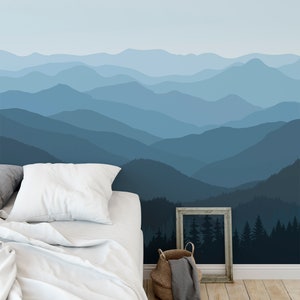 dark blue mountain in morning wall mural removable wall paper continuous mountain landscape wallpaper nursery decor mountain rec room decor