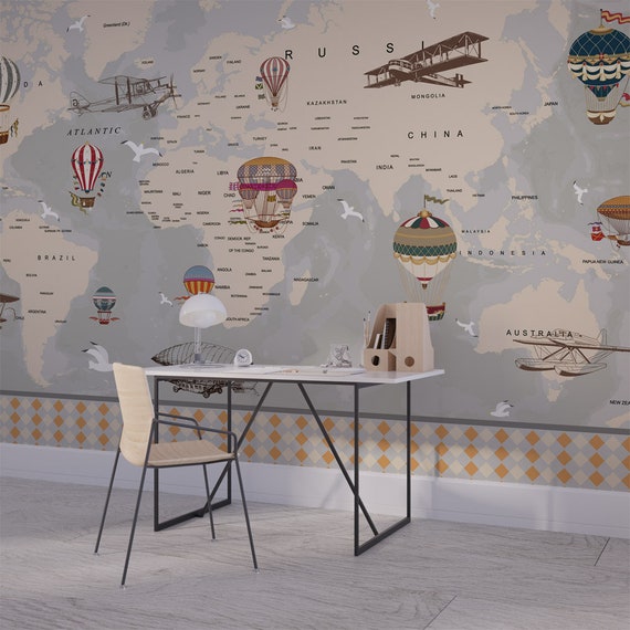 Vintage Hot Air Balloon Wallpaper Removable Boys Bedroom Wall Mural Map Wall Paper For Nursery Decor Decal Kids Playroom Decor Art