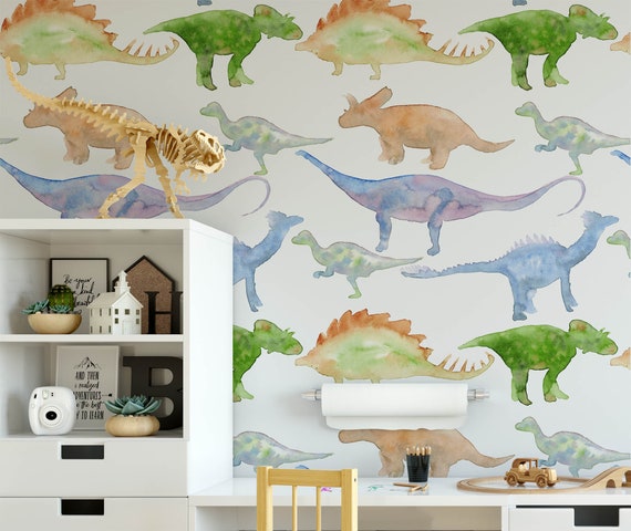 hand painted dinosaurs wallpaper,kid's room wall decal,Peel & Stick Fabric wallpaper,removable Jurassic theme wall sticker,nursery wallpaper