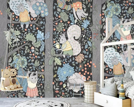 Woodland Forest Wallpaper Removable Wall Paper Floral Squirrel Nursery Wall Decor Peel And Stick Dark Background Kids Bedroom Wallpaper