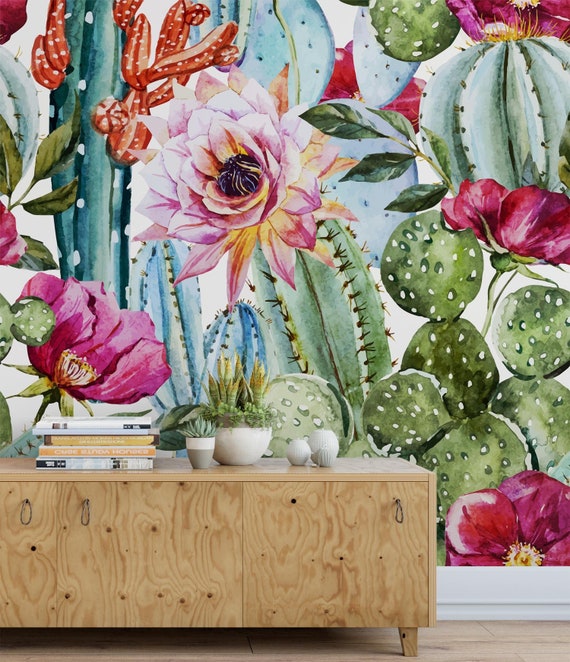 Watercolor cactus pink dahlia wallpaper bathroom decor mural | Etsy