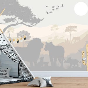 Carta da parati per bambini con safari africano, carta da parati murale con scena di tramonto della fauna selvatica grigia, decorazione da parete per camera da letto, materiale rimovibile e tradizionale disponibile