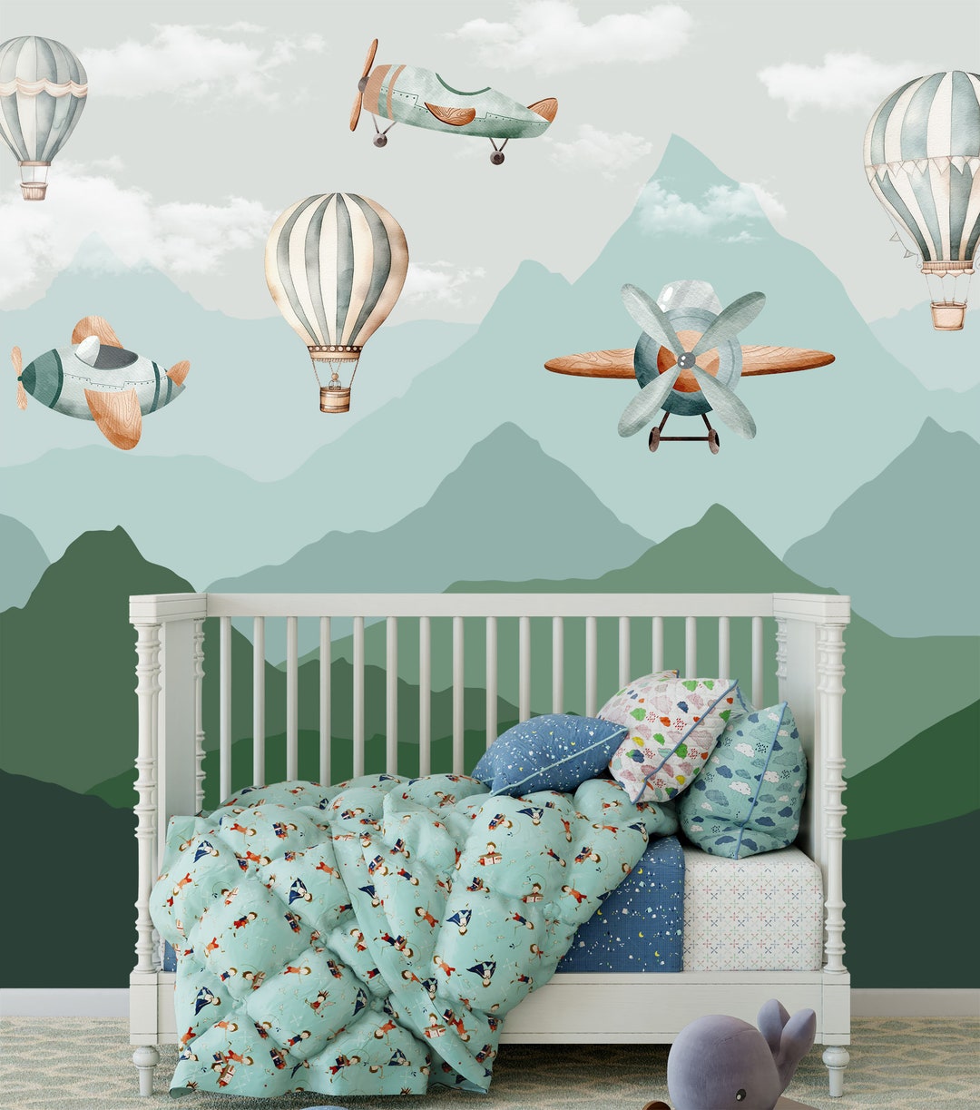 Green Mountains Airplanes Wallpaper Nursery Decor Hot Air Balloons Wall ...