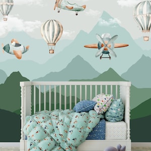 Green mountains airplanes wallpaper nursery decor hot air balloons wall mural self adhesive wallpaper Peel and Stick & Regular wall paper
