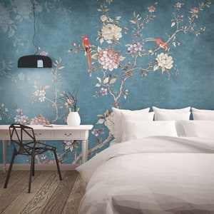 blossom peony and birds wallpaper,hand painted vintage chinoiserie  floral mural,blooming flowers wallcovering anti-bacterial wallpaper