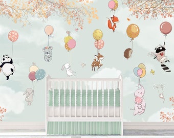 Flying safari animals with balloons removable wallpaper,colorful balloons nursery wall decor,mint sky kid's room wall mural,custom size