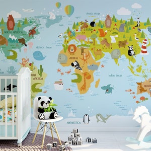 fantastic animal world map wallpaper nursery wall mural removable kids wall paper geography map wall decor self adhesive and Regular paper