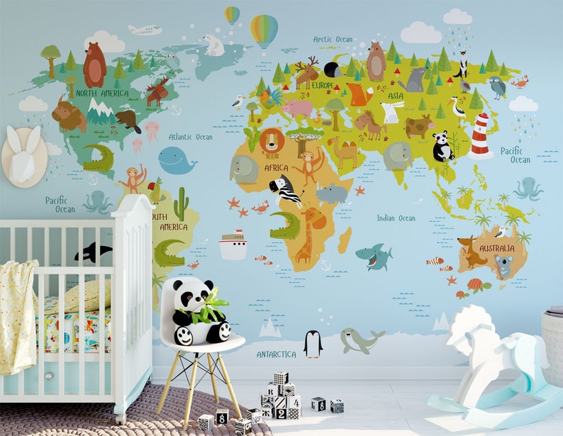 fantastic animal world map wallpaper nursery wall mural removable kids wall paper geography map wall decor self adhesive and Regular paper bild 1