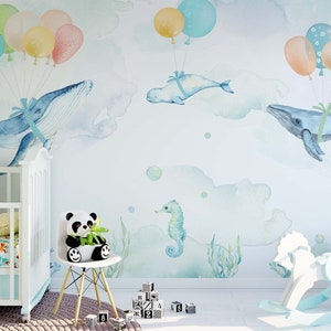 watercolor whale wallpaper, whale with balloons nursery wallpaper,sea life kids wall design undersea mural,Peel & Stick and Regular
