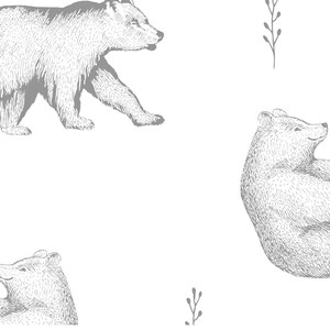 Puede incluir: Un patr&oacute;n sin costuras con tres osos grises en diferentes poses. Los osos est&aacute;n dibujados en un estilo simple y dibujado a mano. El fondo es blanco.