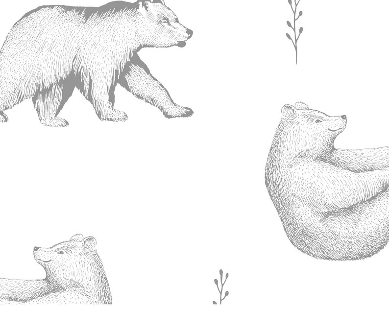 Puede incluir: Un patr&oacute;n sin costuras con tres osos grises en diferentes poses. Los osos est&aacute;n dibujados en un estilo simple y dibujado a mano. El fondo es blanco.