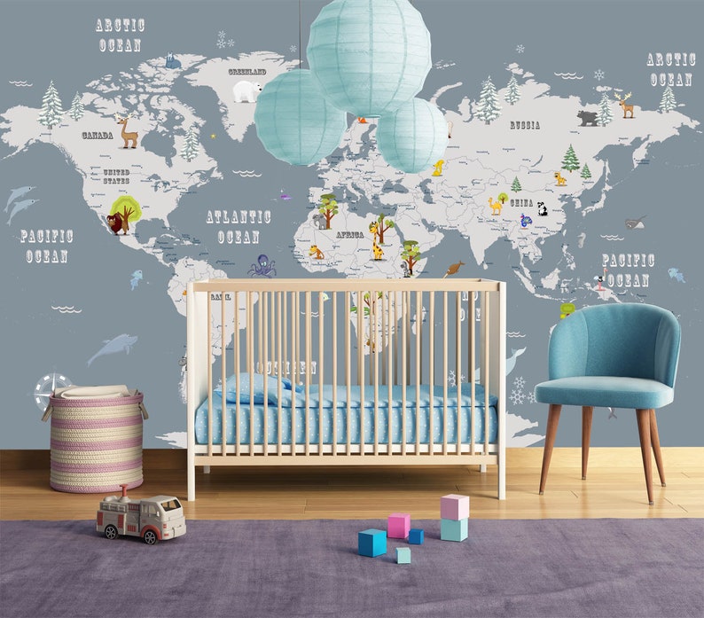 Safari animal world map wallpaper removable fabric nursery decor wallpaper kids wall paper mural gray background map wall print Peel /& Stick