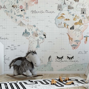 hand painted world map with jungle animals removable wallpaper colorful map nursery decor Peel n Stick playroom wall mural print