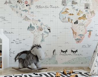 hand painted world map with jungle animals removable wallpaper colorful map nursery decor Peel n Stick playroom wall mural print
