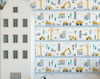 Construction Vehicle Peel and Stick wallpaper Engineering Vehicles wallpaper removable Kids room car wallpaper Vehicle car Decals wall paper