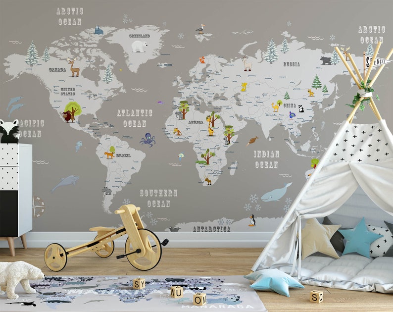 Safari animal world map wallpaper removable fabric nursery decor wallpaper kids wall paper mural gray background map wall print Peel /& Stick