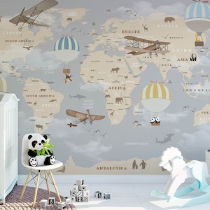 Safari Animals World Map Fondo de pantalla extraíble, globos de aire coloridos Decoración de la pared de la guardería biplano, mapa beige con mural de silueta de vida silvestre