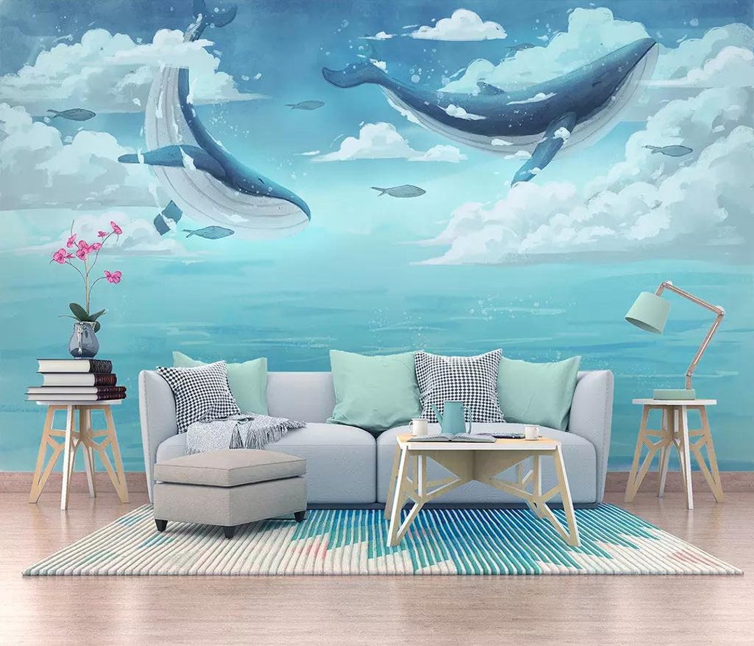 Blue Whale Wallpaper Ocean Motif Nursery Decor Removable Flying Whale ...