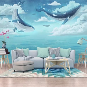 blue whale wallpaper ocean motif nursery decor removable flying whale wall paper Peel and Stick,Anti-bacterial Regular wallpaper