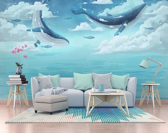 blue whale wallpaper ocean motif nursery decor removable flying whale wall paper Peel and Stick,Anti-bacterial Regular wallpaper