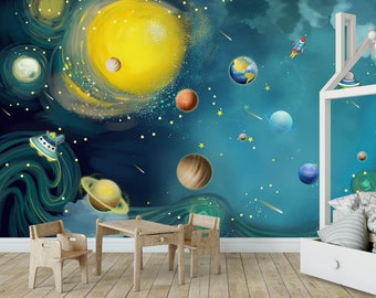 Blue space wallpaper kids bedroom wall mural Peel and Stick solar system planet nursery wall paper temporary and traditional wallpaper