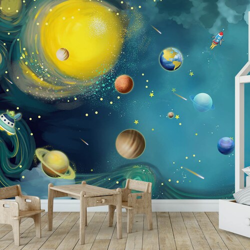 Handdrawn Style Planets Wall Mural Kids Room Dark Blue Space Wallpaper