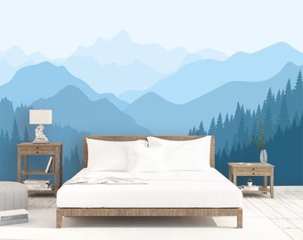 Ombre blue mountain and pine tree wallpaper removable wall paper light blue mountains landscape wall mural customizable nursery decor
