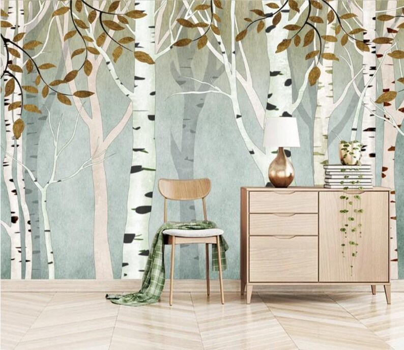 Birch Tree Wallpaper Vintage Forest Mural Gray Bedroom Wall Paper Nursery Decor L And Stick Customizable Size