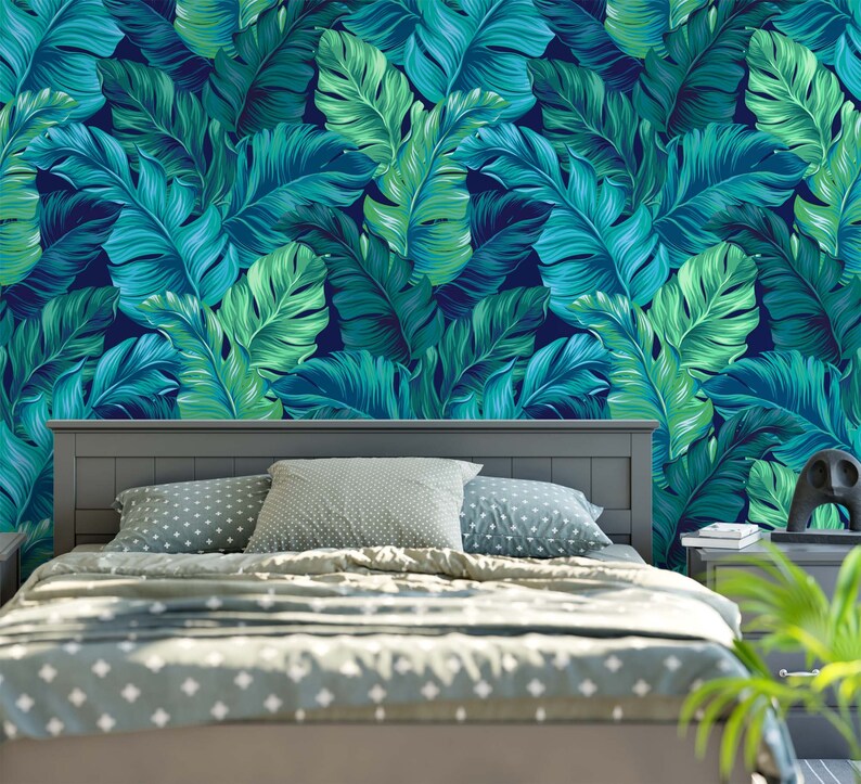 Turquoise and green tropical leaves wallpaper dark blue | Etsy