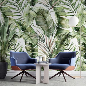 Watercolor banana leaf wallpaper removable tropical botanic wallpaper exotic leaf Peel and Stick wall mural Traditional wallpaper available
