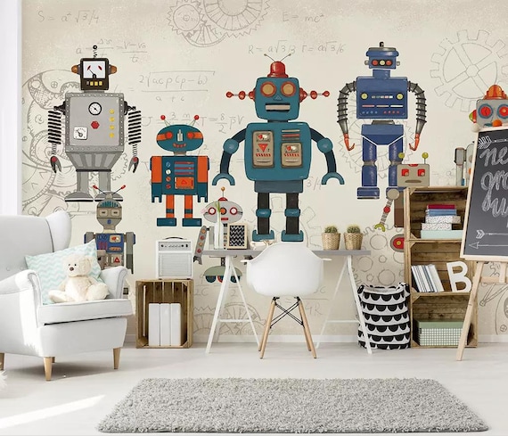 Robot With Formula Backgound Kids Wallpaper Boys Bedroom Wall Etsy Robot With Formula Backgound Kids Wallpaper Boys Bedroom Wall Etsy