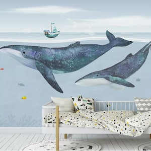 undersea whale wall mural,nursery wall decor,removable wallpaper,kids playroom wall print,ocean whale wall art,Peel & Stick wallcovering