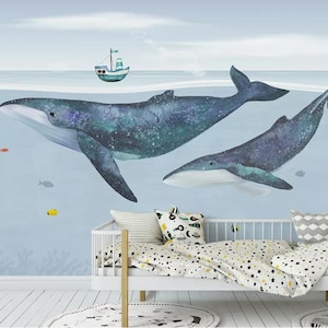 Unterwasser Wal Wandbild, Kinderzimmer Wanddekor, abnehmbare Tapete, Kinder Spielzimmer Wandbild, Meereswal Wandkunst, Peel & Stick Wandbespannung