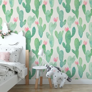 Cactus ad acquerello con fiori rosa Carta da parati rimovibile Ombre verde cactus murale autoadesivo Carta da parati per camerette per ragazze Decorazioni artistiche