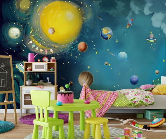 Blue Space Wallpaper Kids Bedroom Wall Mural Peel And Stick Solar System Planet Nursery Wall Paper Removable Playroom Wall Decor Poster