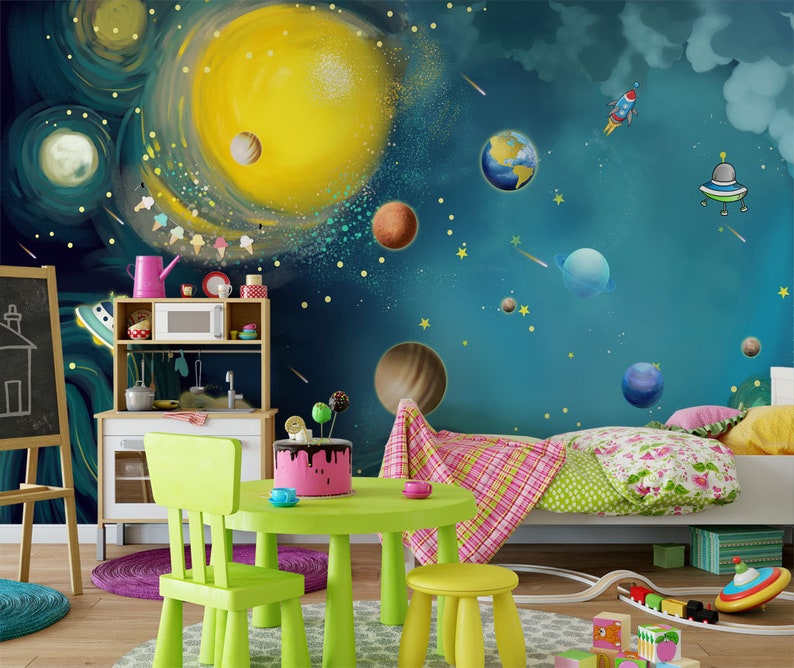Blue Space Wallpaper Kids Bedroom Wall Mural Peel and Stick Etsy