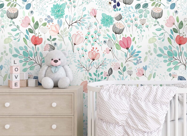 Spring Floral Wallpaper Powder Room Wall Paper Peel N Stick Etsy