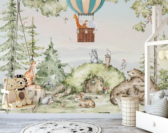 Waldtapete, Waldtier-Tapete, Kinderzimmerdekoration, Kiefernwald-Tapete,Hintergrund für Babygeburtstag