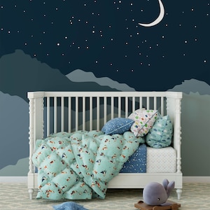 navy night sky with mountains removable wallpaper,geometric mountains nursery decor,Peel & Stick wall paper,moon stars kids room wall mural