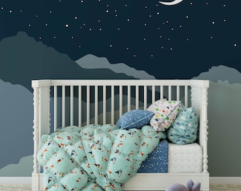 Deep night with moon and mountains removable wallpaper decor geometric mountain Peel and Stick minimalism aesthetics nursery decor