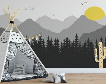 gray mountains and forest wallpaper nursery wall decor removable wall mural Peel & Stick Custom size,Traditional wallpaper available