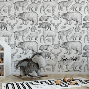 woodland animals wallpaper Peel and Stick nursery decor monochrome forest animal mural removable fabric decal playroom temporary wallpaper