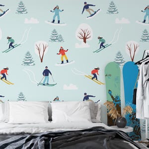 Snowboarder Skier Wallpaper Removable Winter Cozy Wallpaper Peel and Stick Light Turquoise Skier Snowboarder Bedroom Backdrop customizable