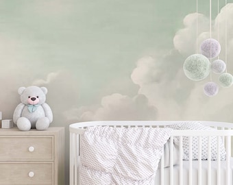 baby nursery wallpaper clouds removable wallpaper bathroom wall decor powder room decor,customizable
